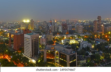 Panoramic Aerial Evening View with the lighting of Central New Delhi, 