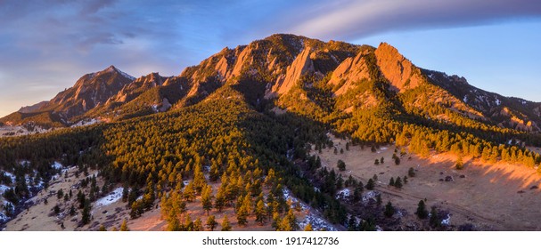 Panoramic Aerial Of Green Mountain With Bear Peak In The Distance Just After Sunrise In Boulder, Colorado In Winter.