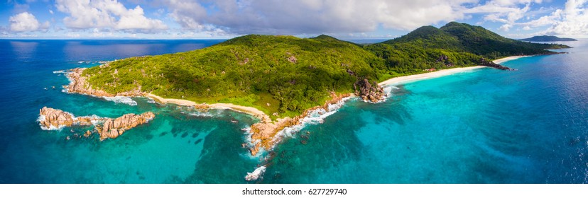 Panoramic Aerial: La Digue Island, Seychelles 