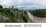 Panoramic aerial landscape of Clifton suspension bridge over Avon Gorge in the morning. Bristol, UK