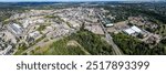 panoramic aerial landscape view of the Downtown area in Red Deer City, Alberta, Canada with streets and infrastructure. The City is located at Red Deer River between Edmonton and Calgary 