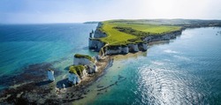 Panoramic Aerial Landscape View Of The Old Harry Rocks Headland, Dorset, England, During A Sunny Spring Day