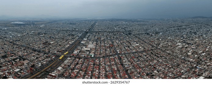 Panoramic aerial photographs of Ecatepec, a gray and cloudy day, in Mexico City metropolitan