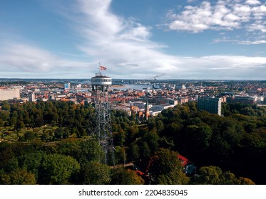 Panoramic aerial summer cityscape of Aalborg (North Jutland, Denmark), with Aalborg Tower (Aalborgtårnet) in the foreground