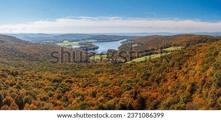 Panoramic aerial view of the autumn colors of Mt Davis towards High Point Lake in south western Pennsylvania