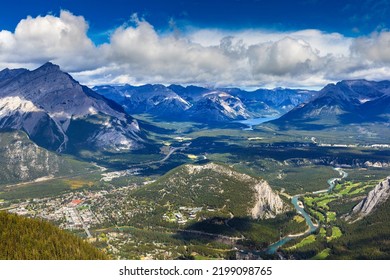Panoramic Aerial View Of Banff City In Bow Valley In Banff National Park, Canadian Rockies