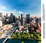 Panoramic aerial view of Calgary at sunset, Alberta - Canada.