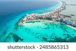 Panoramic aerial view of Cancun beach and city hotel zone in Mexico. Caribbean coast landscape of Mexican resort with beach Playa Caracol and Kukulcan road. Riviera Maya in Quintana roo region on