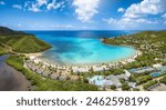Panoramic aerial view of Carlisle Bay with lush rain forest and turquoise and emerald sea, St. Marys, Antigua and Barbuda, Caribbean