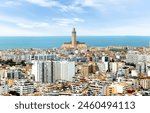 Panoramic aerial view of Casablanca, with Grand mosque Hassan II Mosque and the Atlantic ocean. Casablanca. Morocco