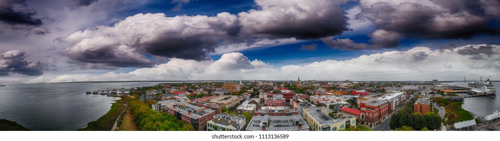 Panoramic Aerial View Of Charleston Coastline At Dusk, SC - USA.