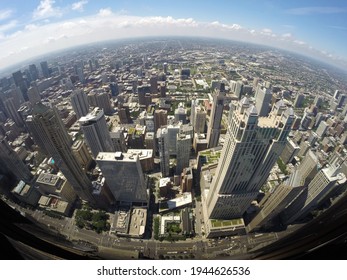 Panoramic Aerial View Of Chicago Skyline, From A High Floor Of A Building In The City Center. Photography With Fish Eye Effect.