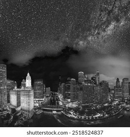 Panoramic aerial view of Chicago skyline along Chicago River with starry night - Powered by Shutterstock