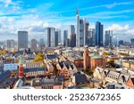 Panoramic aerial view cityscape skyline with skyscrapers in Frankfurt, Hessen. Germany. Frankfurt am Main financial business district