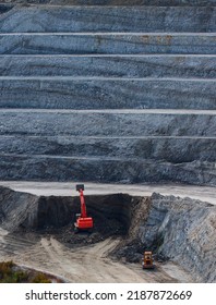 Panoramic Aerial View Of Coal Mine. Open Pit Mine Industry, Big Yellow Mining Truck For Coal Quarry. Open Coal Mining Anthracite Mining. Pit On Coal Mining By Open Way. 