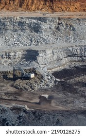 Panoramic Aerial View Of Coal Mine. Open Pit Mine Industry, Big Yellow Mining Truck For Coal Quarry. Open Coal Mining Anthracite Mining. Pit On Coal Mining By Open Way. 