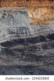 Panoramic Aerial View Of Coal Mine. Open Pit Mine Industry, Big Yellow Mining Truck For Coal Quarry. Open Coal Mining Anthracite Mining. Pit On Coal Mining By Open Way. 