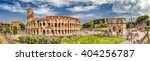 Panoramic aerial view of the Colosseum and Arch of Constantine, Rome, Italy