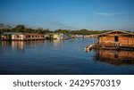 Panoramic aerial view of the Catalão community, made up of floating houses based on the venacular architecture of the peoples of the Brazilian Amazon, near the city of Manaus (AM).
