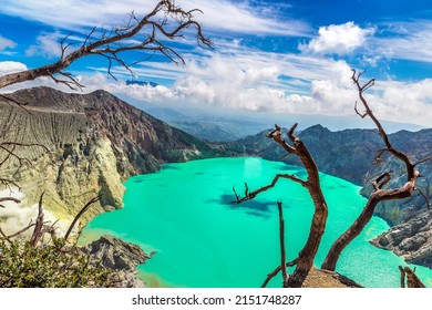 Panoramic Aerial View Crater Of Active Volcano Ijen And Dead Tree, Java Island, Indonesia