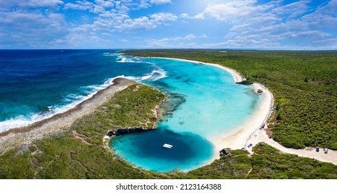 Panoramic aerial view to Dean's blue hole and the connecting lagoon   beautiful beach and turquoise sea  Long Island  Bahamas