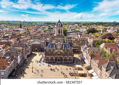 Panoramic aerial view of Delft in a beautiful summer day, The Netherlands