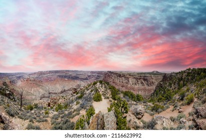 Panoramic aerial view of Grand Canyon South Rim at summer sunset