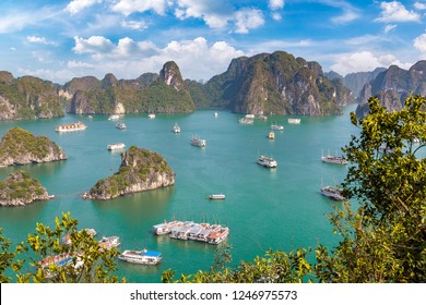 Panoramic Aerial View Of Halong Bay, Vietnam In A Summer Day