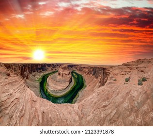 Panoramic aerial view of Horseshoe Bend and Colorado River at summer sunset - Powered by Shutterstock