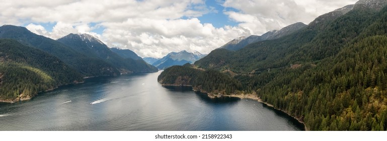 Panoramic Aerial View of Indian Arm, Mountains and Canadian Nature Landscape. Deep Cove, Vancouver, British Columbia, Canada. Panorama Background
