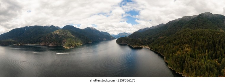 Panoramic Aerial View of Indian Arm, Mountains and Canadian Nature Landscape. Deep Cove, Vancouver, British Columbia, Canada. Panorama Background