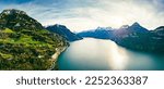 Panoramic aerial view of Lake of the Four Cantons, Morschach, Switzerland.