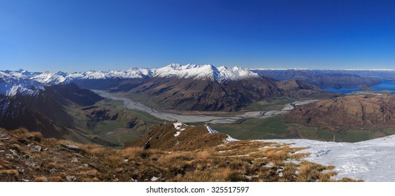 Panoramic Aerial View Of Lake Wanaka From Treble Code Ski Area.
Mount Aspiring National Park, New Zealand.