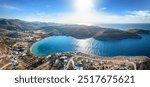 Panoramic aerial view of the landscape of Kea island with Otzias Bay and beach, Cyclades, Greece