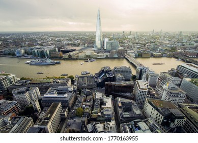 Panoramic Aerial View Of London City With Thames River And The Shard Skyscraper In The Center