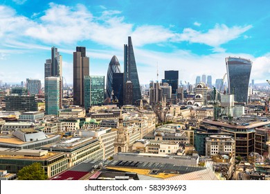 Panoramic Aerial View Of London, Skyscrapers In The Financial District, England, United Kingdom