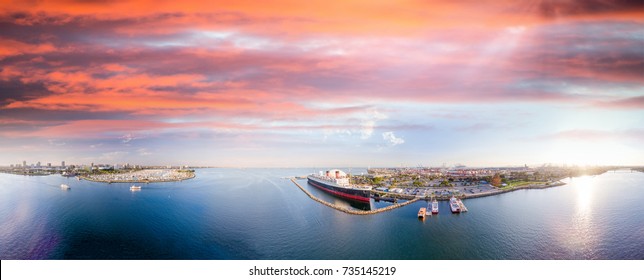 Panoramic aerial view of Long Beach and Queen Mary, California. - Shutterstock ID 735145219