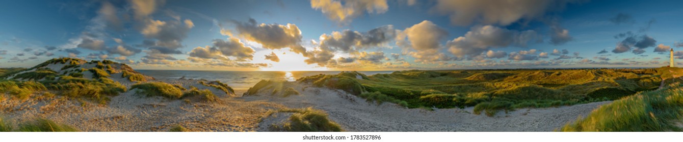 Panoramic aerial view of Lyngvig lighthouse on wide dune of Holmsland Klit with beach view on the west coast of Jutland, by Hvide Sande, Denmark - Shutterstock ID 1783527896