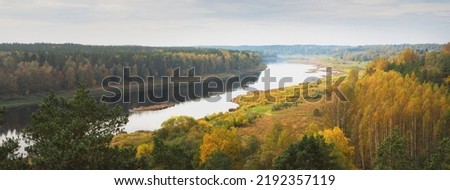 Panoramic aerial view of the majestic pine forest and bends of Daugava river in autumn. Daugavas loki nature park, Latgale, Latvia. Ecology, ecotourism, recreation, travel destinations, landmark