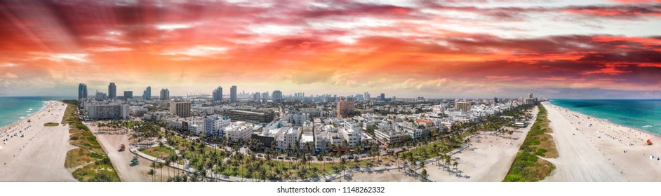 Panoramic Aerial View Of Miami Beach Coastline And Skyline, Florida.