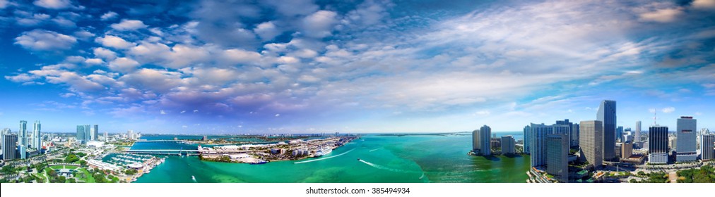 Panoramic Aerial View Of Miami At Dusk.