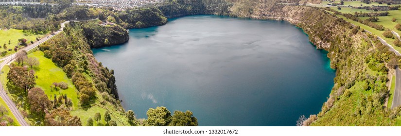 Panoramic aerial view of Mount Gambier Blue Lake, South Australia.