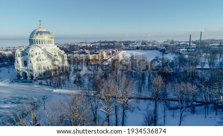 Panoramic aerial view of the Naval Cathedral of St. Nicholas the Wonderworker in Kronstadt. Anchor area. Kotlin