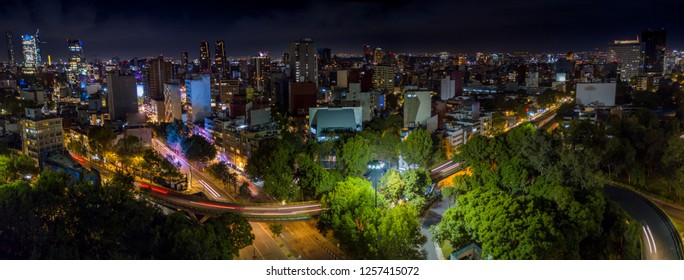 Panoramic Aerial View At Night Of A Very Illuminated Avenue That Crosses The Famous Polanco Neighborhood