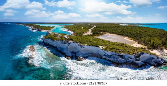 Panoramic aerial view the north cape Long Island  The Bahamas  and the famous Columbus monument cliff reaching out into the turquoise sea