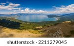 Panoramic aerial view of Ohrid-Prespa Transboundary Biosphere Reserve in National Park Galicica in North Macedonia with Prespa lake