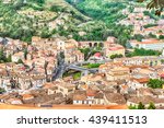 Panoramic aerial view over the city of Cosenza and the Crathis River, Calabria, Italy