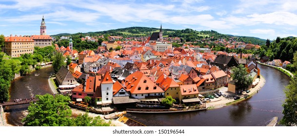 Panoramic aerial view over the old Town of Cesky Krumlov, Czech Republic