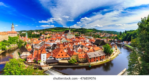 Panoramic aerial view over the old Town of Cesky Krumlov, Czech Republic. UNESCO World Heritage Site.