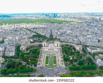 Panoramic aerial view of Paris, France with Trocadéro Gardens Palais de Chaillot and La Defense from Eiffel Tower on a sunny day. Beautiful wide view of the capital of France, Paris with a cloudy sky. - Powered by Shutterstock